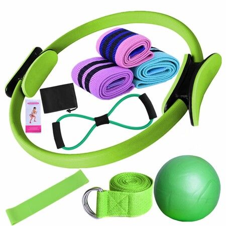 Yoga Pilates Kit,Essential Pilates Kit for Women,Pilates Ring and Ball Set,Resistance Bands,Figure 8 Band and Pilates Ball Color Green