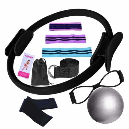 Yoga Pilates Kit,Essential Pilates Kit for Women,Pilates Ring and Ball Set,Resistance Bands,Figure 8 Band and Pilates Ball Color Black