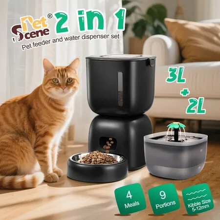 Auto Pet Cat Feeder 3L Food 2L Water Dispenser Dog Feeding Drinking Fountain Automatic Drinker Waterer Timed 10s Voice Recorder 4 Daily Meals Bowl