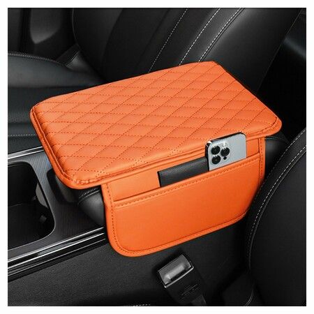 Car Center Console Cover,Microfiber Leather Car Armrest Cover Cushion with 2 Storage Bags,Car Armrest Storage Box Car Interior Accessories (Orange)