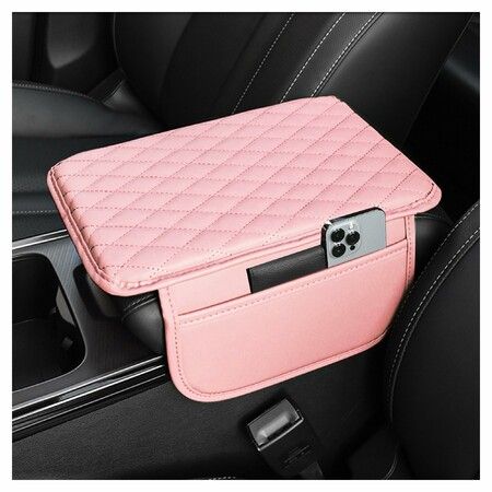 Car Center Console Cover,Microfiber Leather Car Armrest Cover Cushion with 2 Storage Bags,Car Armrest Storage Box Car Interior Accessories (Pink)