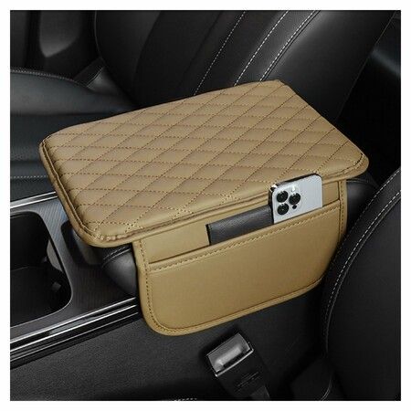 Car Center Console Cover,Microfiber Leather Car Armrest Cover Cushion with 2 Storage Bags,Car Armrest Storage Box Car Interior Accessories (Beige)