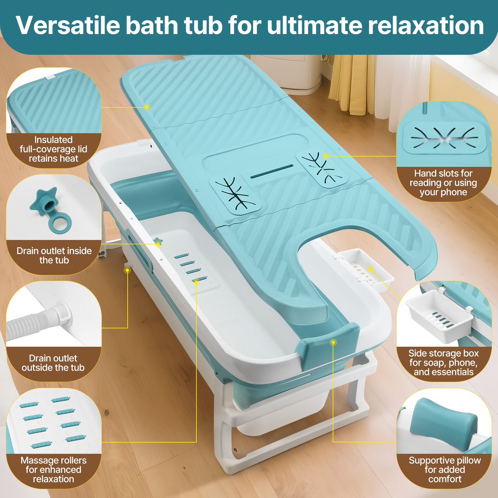 Large Bath Tub Soaking Water Bathtub Spa Shower Foldable Portable Bathroom Freestanding Collapsible Modern Baby Bucket Cover Pillow Massage Roller