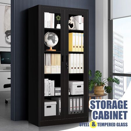 Steel Office Cabinet Filing Storage Shelf Lockable Tempered Glass 2 Door Display Cupboard Garage Rack File Document Folder School Bookcase 185x90x40cm
