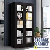Steel Office Cabinet Filing Storage Shelf Lockable Tempered Glass 2 Door Display Cupboard Garage Rack File Document Folder School Bookcase 185x90x40cm
