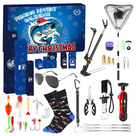 Fishing Advent Calendar for Men Women Teen Boys, 2025 Fishing Tools Accessories Kit Christmas Countdown Gifts, 24 Days Surprises for Fish Lovers