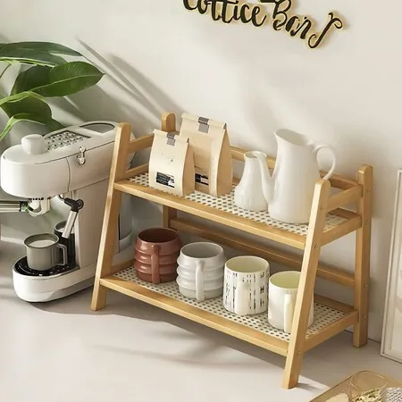 Wicker-Look Coffee Station Organizer,Bamboo Mug Holder Countertop,Kitchen Counter Shelf,Condiment Storage Rack,2 Tier
