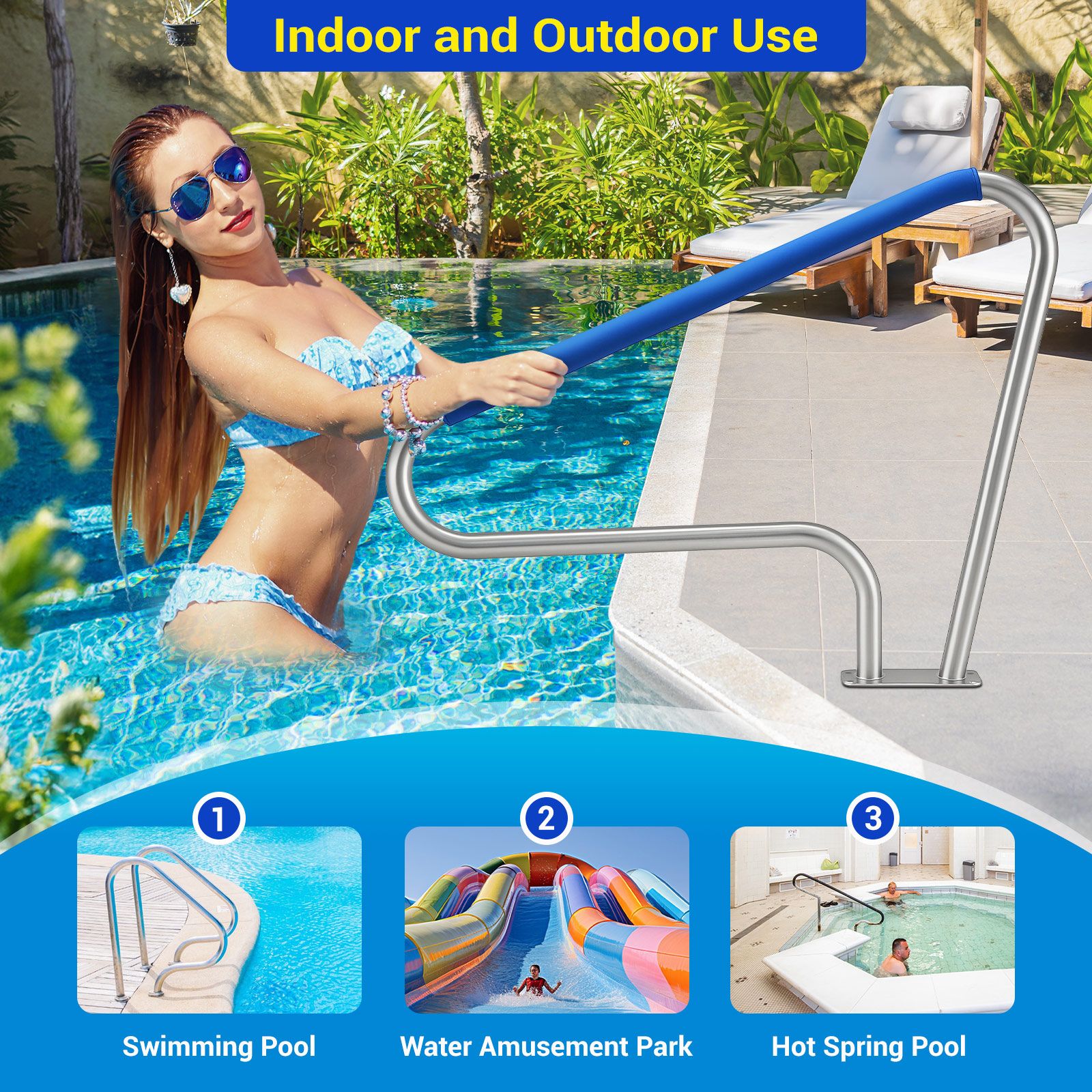 Swimming Pool Handrail Steps Stairs Railing Banister Stainless Steel Grab Bar Safety Handle 110cm Grip Cover Base Plate for Inground Pools 122x91.5cm