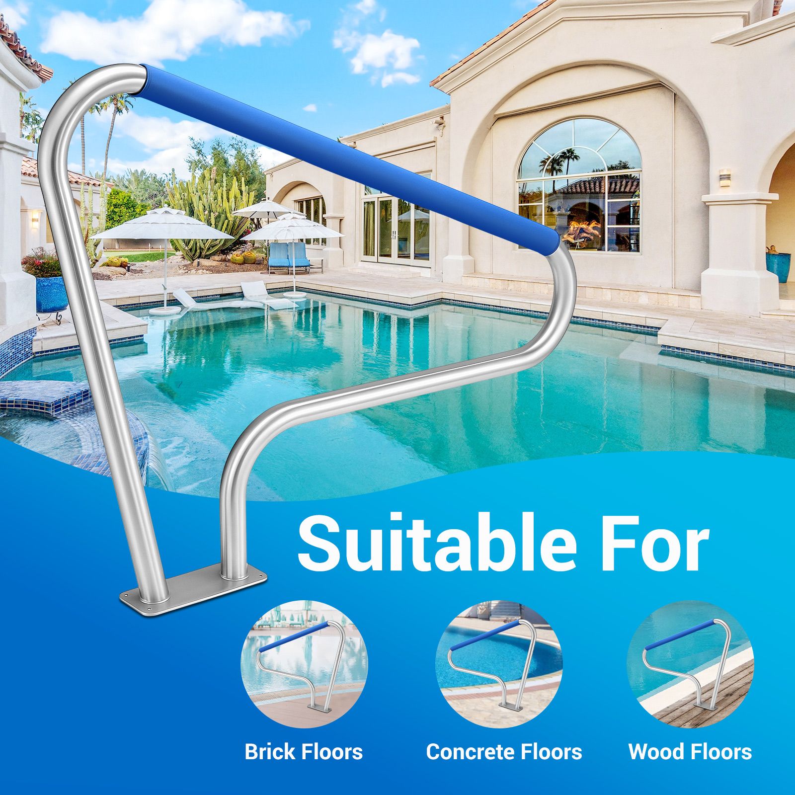Swimming Pool Handrail Steps Stairs Railing Banister Stainless Steel Grab Bar Safety Handle 110cm Grip Cover Base Plate for Inground Pools 122x91.5cm