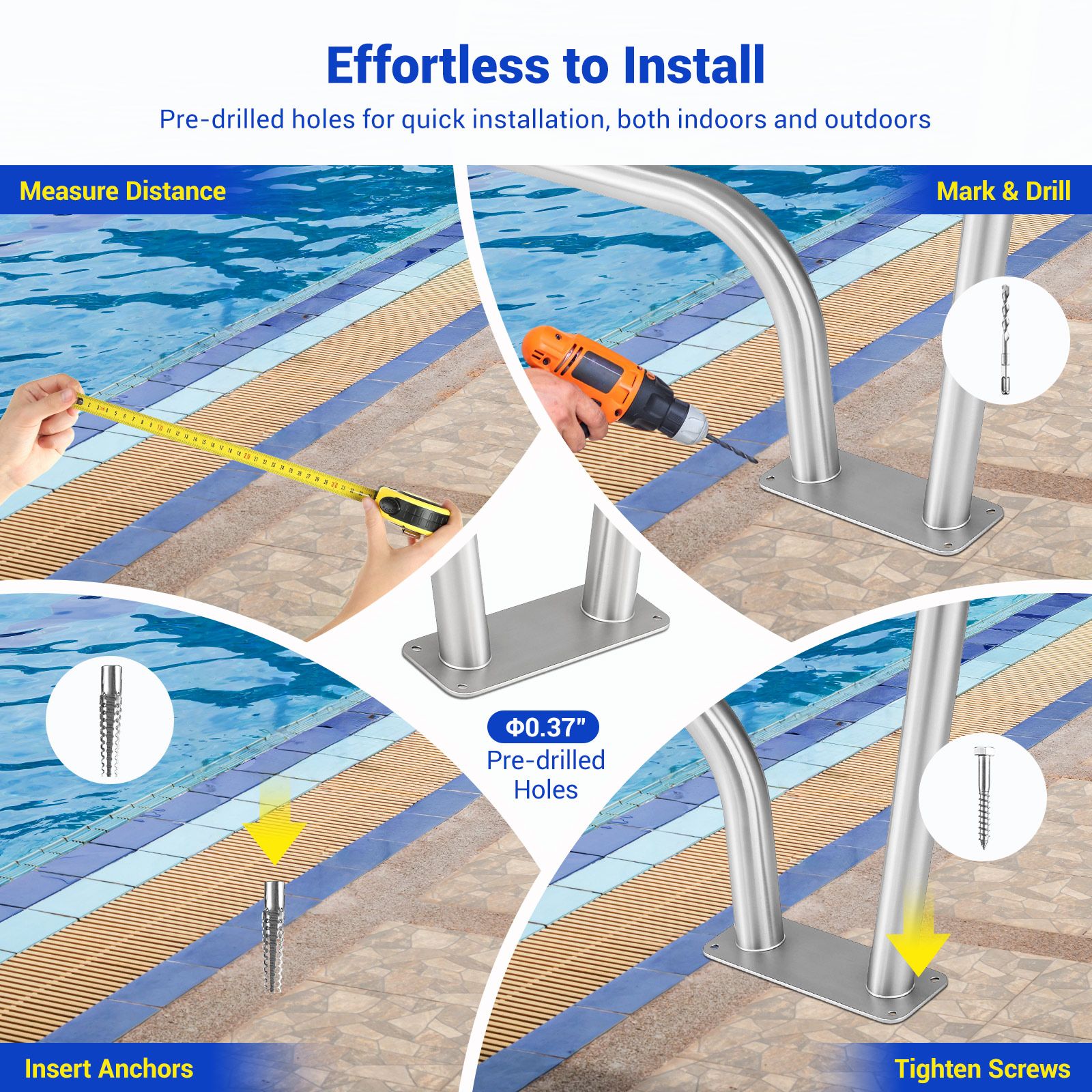 Swimming Pool Handrail Steps Stairs Railing Banister Stainless Steel Grab Bar Safety Handle 110cm Grip Cover Base Plate for Inground Pools 122x91.5cm
