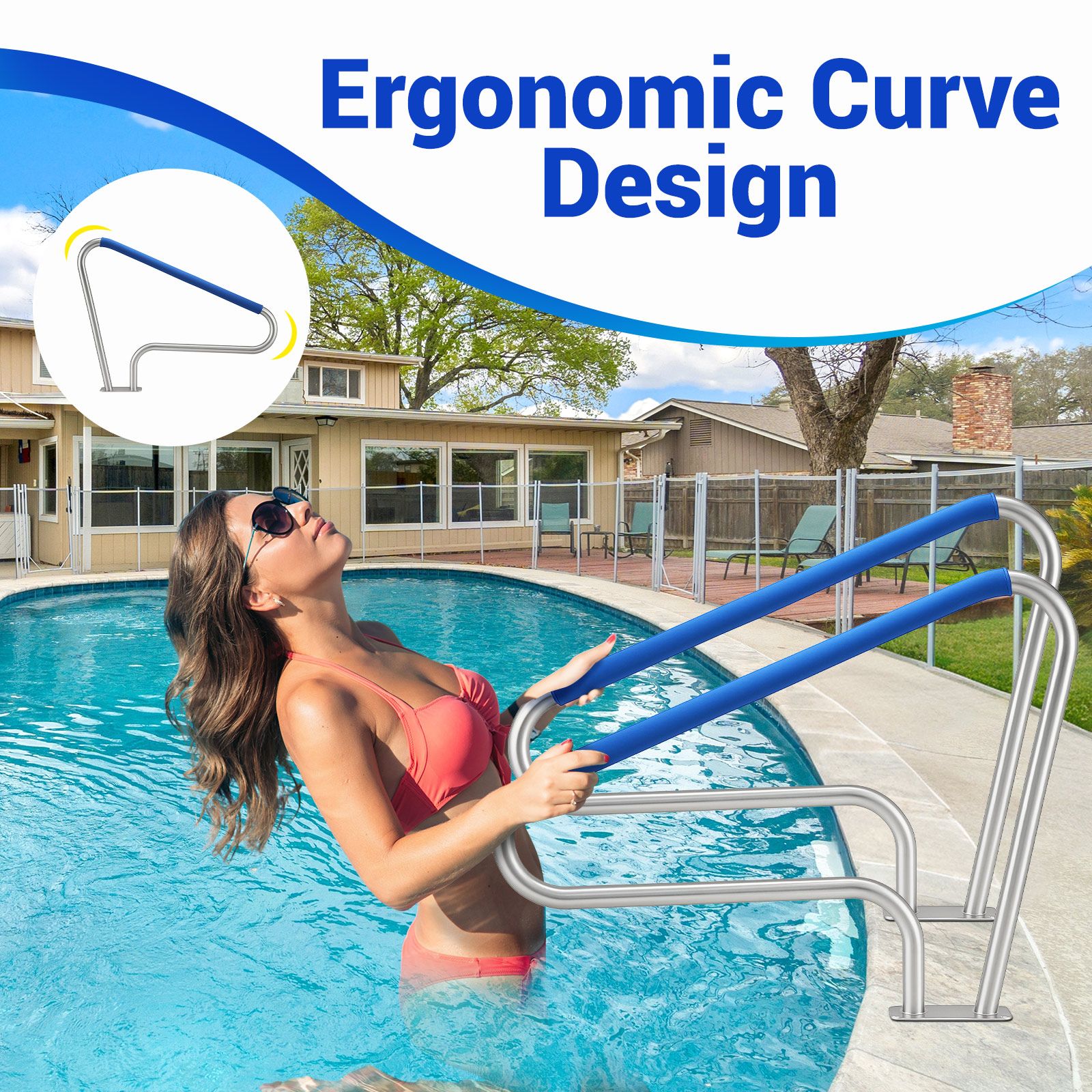 Swimming Pool Handrail Steps Stairs Railing Banister Stainless Steel Grab Bar Safety Handle 110cm Grip Cover Base Plate for Inground Pools 122x91.5cm