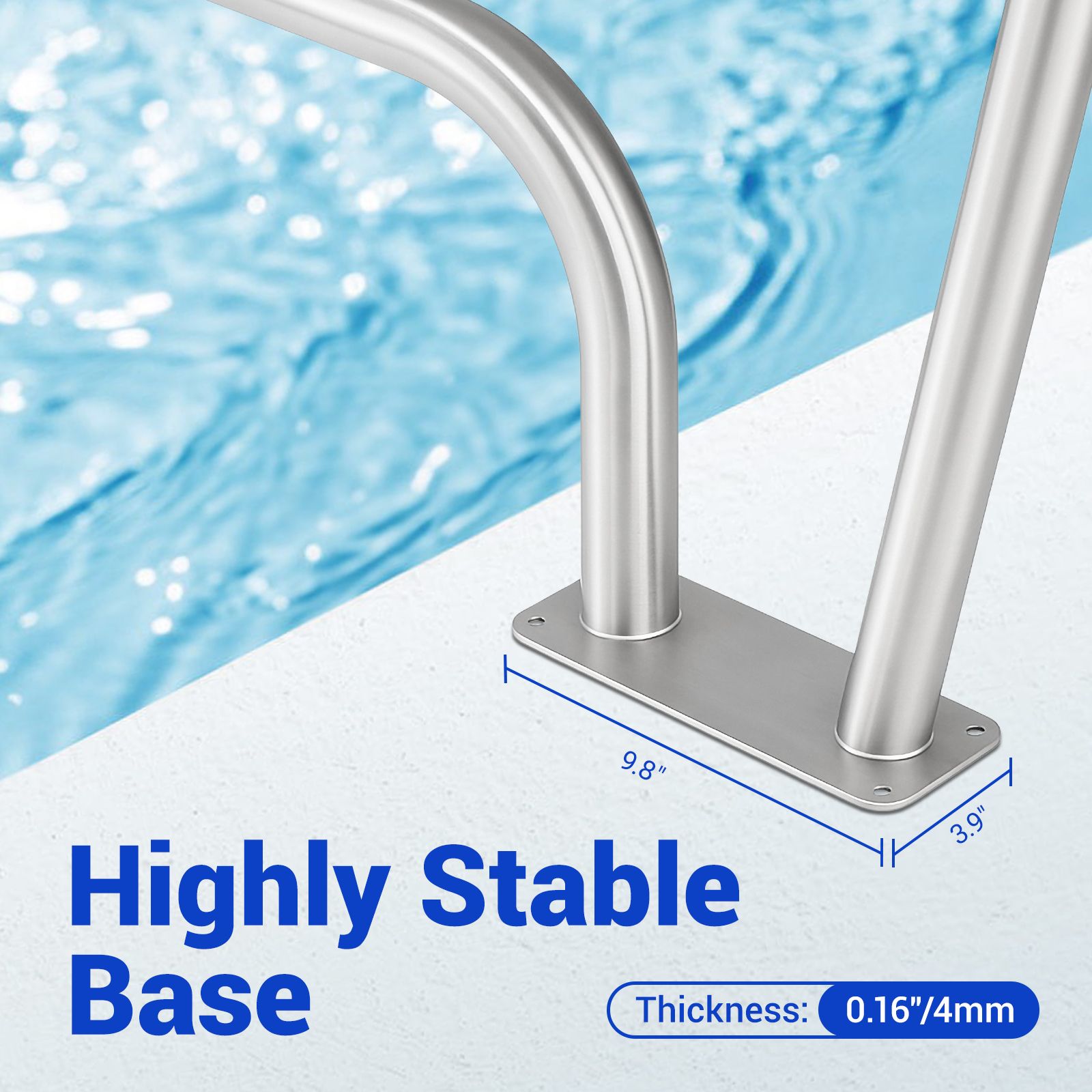 Swimming Pool Handrail Steps Stairs Railing Banister Stainless Steel Grab Bar Safety Handle 110cm Grip Cover Base Plate for Inground Pools 122x91.5cm