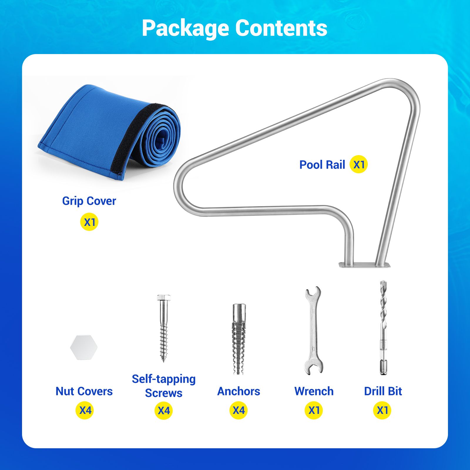 Swimming Pool Handrail Steps Stairs Railing Banister Stainless Steel Grab Bar Safety Handle 110cm Grip Cover Base Plate for Inground Pools 122x91.5cm