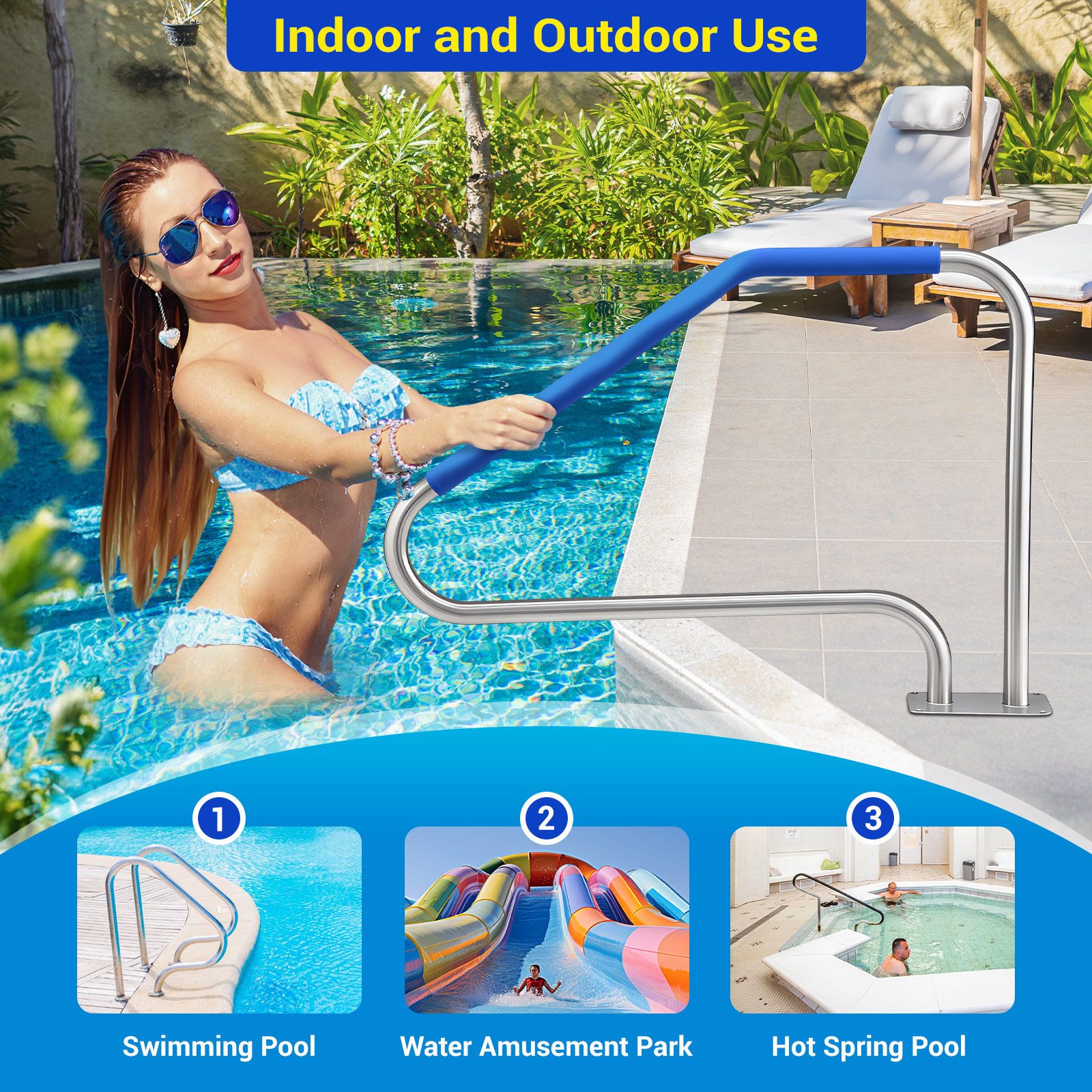 Swimming Pool Handrail Steps Stairs Railing Banister Stainless Steel Grab Bar Safety Handle 110cm Grip Cover Base Plate Inground Pools 125.2x86.4cm