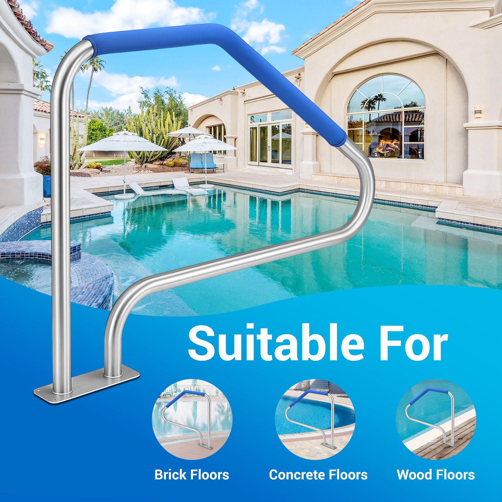 Swimming Pool Handrail Steps Stairs Railing Banister Stainless Steel Grab Bar Safety Handle 110cm Grip Cover Base Plate Inground Pools 125.2x86.4cm