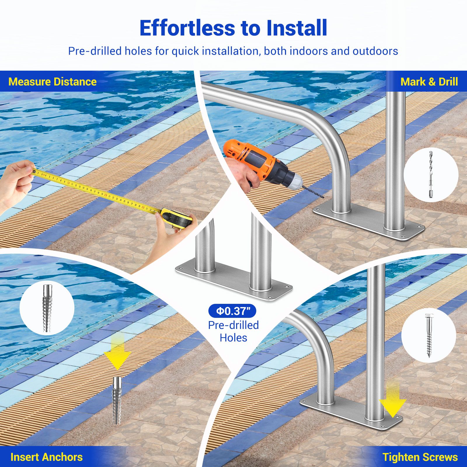 Swimming Pool Handrail Steps Stairs Railing Banister Stainless Steel Grab Bar Safety Handle 110cm Grip Cover Base Plate Inground Pools 125.2x86.4cm