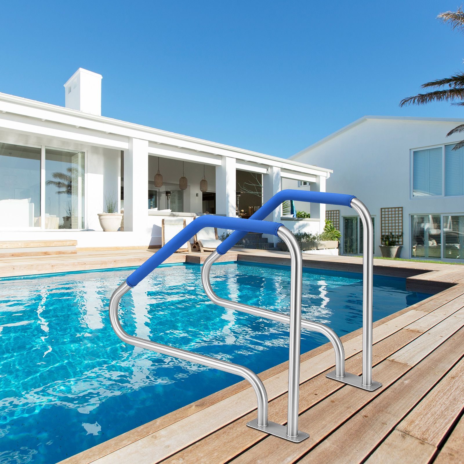 Swimming Pool Handrail Steps Stairs Railing Banister Stainless Steel Grab Bar Safety Handle 110cm Grip Cover Base Plate Inground Pools 125.2x86.4cm