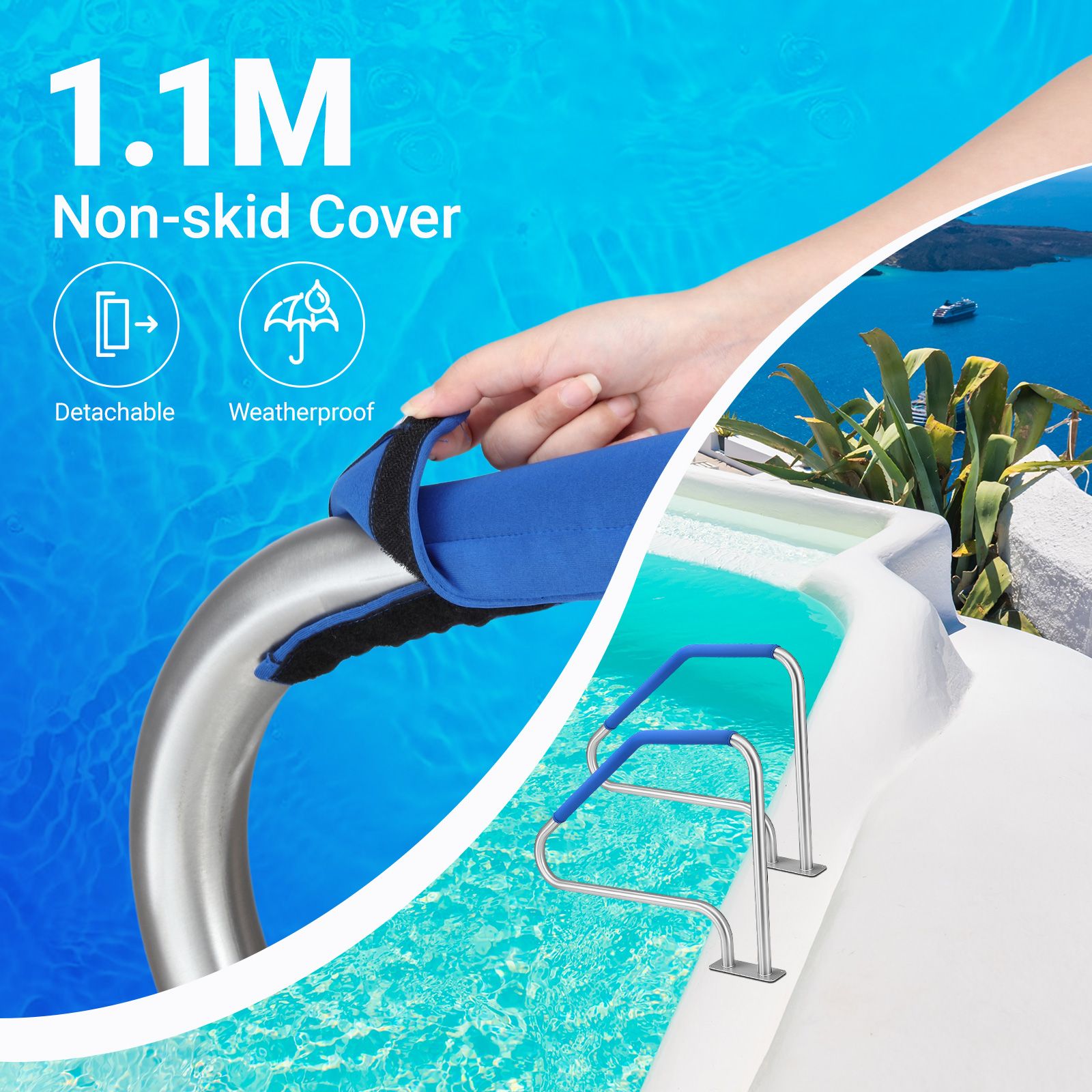 Swimming Pool Handrail Steps Stairs Railing Banister Stainless Steel Grab Bar Safety Handle 110cm Grip Cover Base Plate Inground Pools 125.2x86.4cm