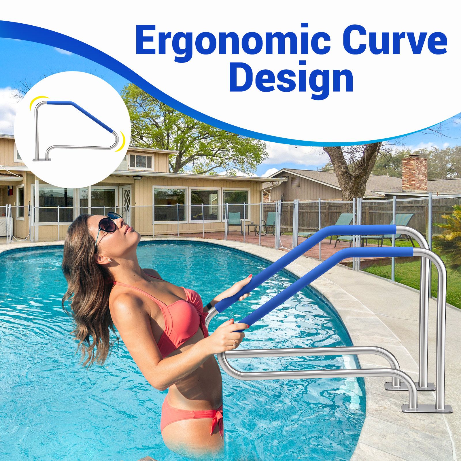 Swimming Pool Handrail Steps Stairs Railing Banister Stainless Steel Grab Bar Safety Handle 110cm Grip Cover Base Plate Inground Pools 125.2x86.4cm