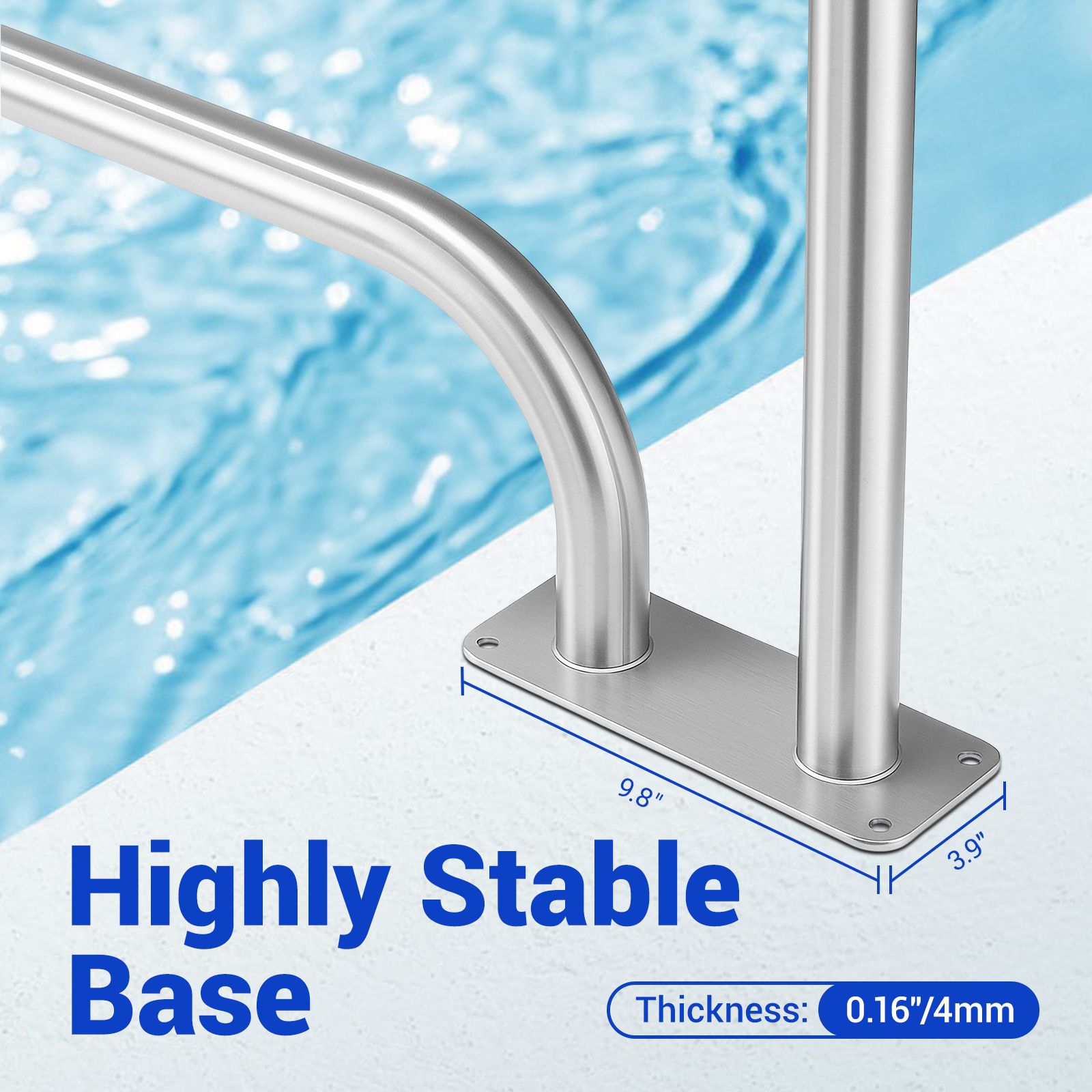 Swimming Pool Handrail Steps Stairs Railing Banister Stainless Steel Grab Bar Safety Handle 110cm Grip Cover Base Plate Inground Pools 125.2x86.4cm