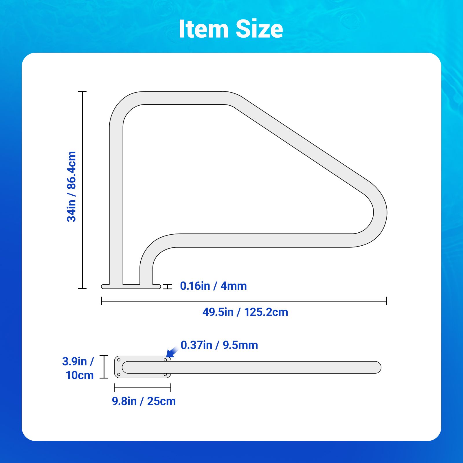 Swimming Pool Handrail Steps Stairs Railing Banister Stainless Steel Grab Bar Safety Handle 110cm Grip Cover Base Plate Inground Pools 125.2x86.4cm