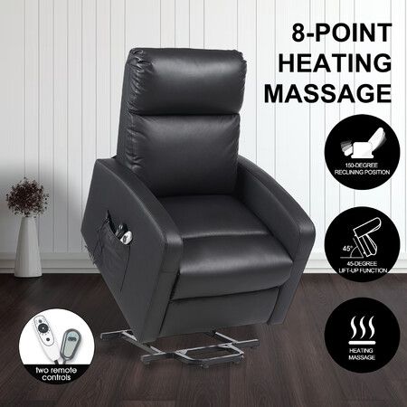 Electric Recliner Chair Lift Massage 8 Point Heated Massaging Lounge Single Sofa Black Leather Armchair Power Assist Elderly Riser Senior Aged Care