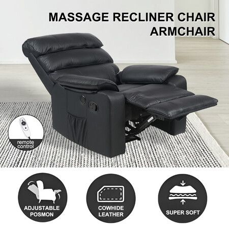 Recliner Massage Chair Sofa Single Reclining Armchair Heating Lounging Couch Black Leather Footrest Ergonomic Living Room Furniture Charging Port