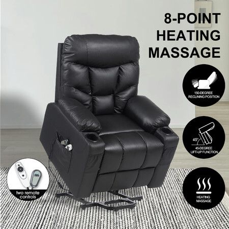 Electric Recliner Chair Lift Massage 8 Point Heated Massaging Lounge Sofa Leather Armchair Power Riser Assist Senior Elderly Aged Care Single Black