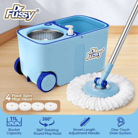 Spin Mop Bucket Tile Wood Floor Cleaner 4 Microfibre Heads Magic Wet Dry Twist Spinning Easy Cleaning System 360 Degree Rotating Adjustable Handle 11L