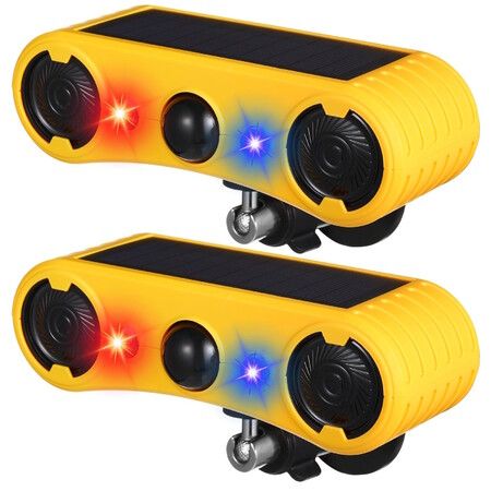 2 Pack  Solar Motion Sensor Alarm  Loud Noise Maker  Sound Detector Strobe Light 4 Mode Animal Deterrent Dog Barking Fence Ground Mount Garden Yard