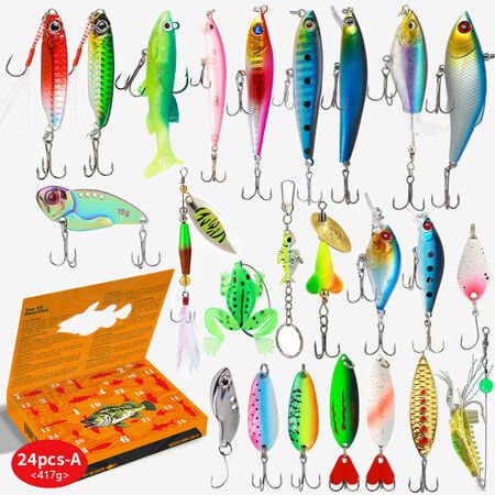 24PCS Fishing Advent Calendar Fishing Lure Kit Soft And Hard Bait Set Gear Lure Metal Jig Spoon For Bass Pike Crank Tackle Accessories