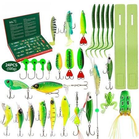 24 Days Fishing Lure Kit Christmas Countdown Advent Calendars Fish Gear Set Christmas Fishing Tackle Lure Gear Set for River Sea Pond Fishing lover