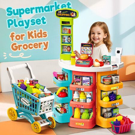 Kids Pretend Play Toys Set Market Shop Grocery Store Supermarket Playset Shopping Trolley Cash Register Scanner Stall Education Role Plays Food 76Pcs