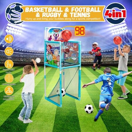 Kids Basketball Hoop Stand Soccer Goal Net Arcade Rugby Baseball Game Set LED Electronic Scoring Indoor Outdoor Sports Activity Centre Playset 5-in-1