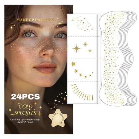 Glitter Freckles Face Tattoo - 24PCS Waterproof Gold Temporary Sparkle Patches for Women,Glow Up Makeup (Gold)