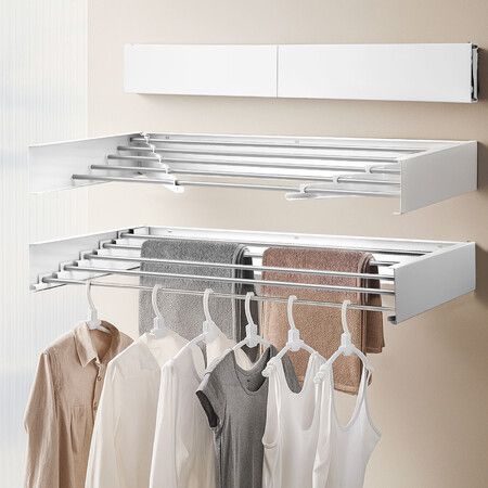 Clothes Drying Rack Wall Mounted Folding Indoor Bathroom Laundry Garment Airer Towel Rails Clothing Collapsible Space Saver Aluminium 5 Hanging Rods