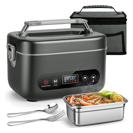 Cordless Electric Lunch Box 1.2L Portable Food Warmer 12000mAh Rechargeable 5-Sided Heating Black Grey