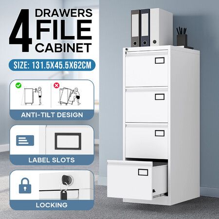 4 Drawer File Cabinet Steel Office Storage Metal White Chest Cupboard Vertical Filing Organiser Locking Unit Furniture for Letter Legal A4 F4 Document