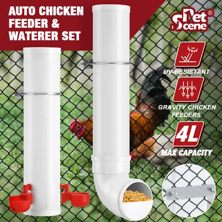 Chicken Bird Feeder Water Dispenser Automatic Waterer Poultry Food Drinker 4L Auto Chick Chook Duck Hen Feeding Drinking Cup Bowl PVC Pipe Coop Fence
