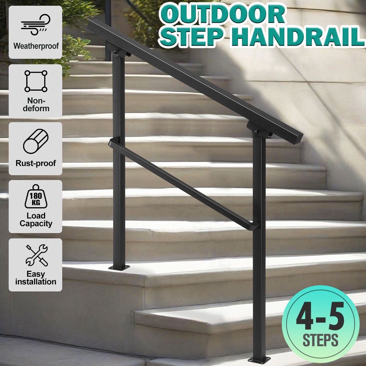 Stair Handrail Railings 4 to 5 Steps Adjustable Safety Metal Guard Hand ...