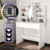 Hollywood Mirror Vanity Table Makeup Dresser White Dressing Desk Bedroom Furniture with 10 LED Lights 3 Lighting Colours 2 Storage Drawers 6 Shelves