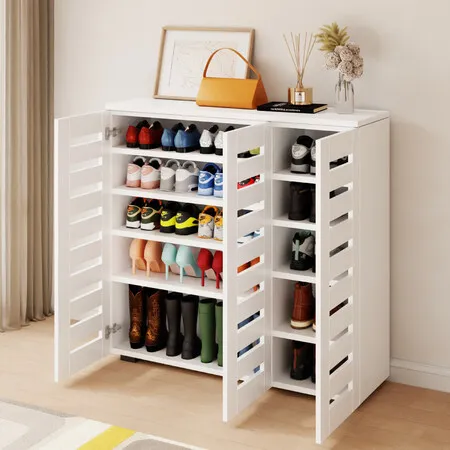 Shoe Rack Storage Cabinet Wooden Narrow Slim Hallway Entryway Footwear Organiser Cupboard Unit 30 Pairs 3 Door Adjustable Shelves Closet Modern White