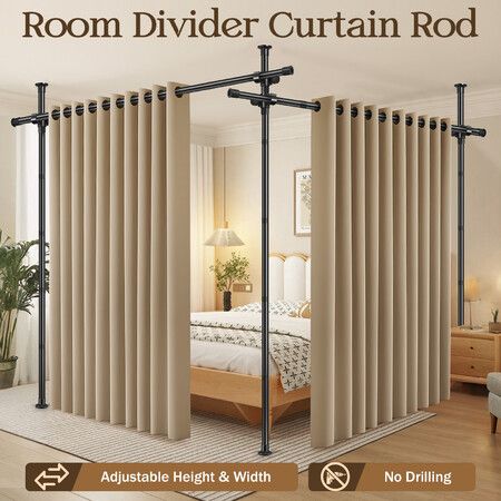 Room Divider Curtain Rod No Drill Tension Wall Partition Separator Privacy Separation Adjustable Standing Floor to Ceiling Office Living Sitting Space