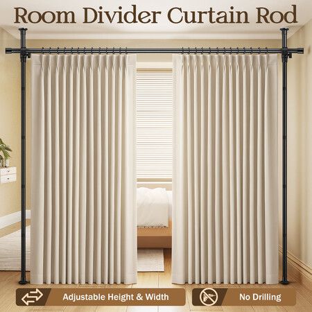 Room Divider Curtain Rod Separator No Drill Adjustable Tension Wall Space Partition Separation Freestanding Floor to Ceiling Stand Home Office Black
