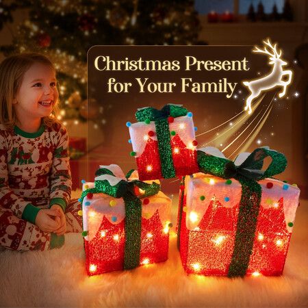 LED Christmas Lights Decorations Outside String Lighted Red Gift Boxes Presents Ornament Xmas Holiday Garden Party Display Battery Powered Lighting