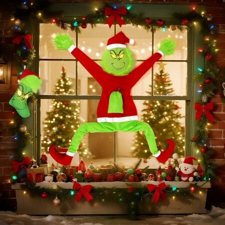 Christmas Grinchs Decorations,120cm Large Green Christmas Funny Doll with Stocking, Bendable Arms & Legs,Whimsical Elf Plush Decoration