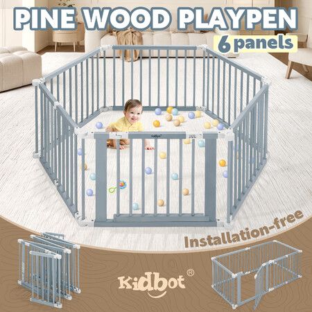 Kidbot Baby Playpen 6 Panel Kids Wooden Safety Gates Pet Dog Fence Enclosure Child Toddler Activity Centre Foldable Play Pen Yard Barrier Travel Guard