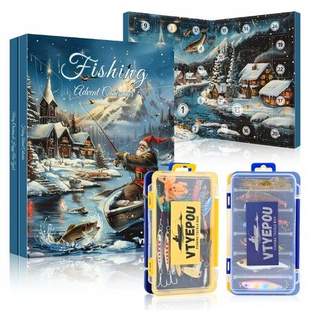 Fishing Advent Calendar 2025 Fishing Lures Kit with Tackle Box Advent Calendar Xmas Holiday Surprise Gift for 24 Days Christmas Countdown