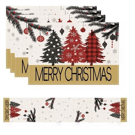 4 Christmas Placemats And 1 Table Runner,Washable Wipeable Polyester Table Runner Placemat,For Kitchen Dining Table Christmas Party Decor