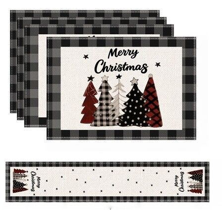 4 Christmas Placemats And 1 Table Runner,Washable Wipeable Polyester Table Runner Placemat,For Kitchen Dining Table Christmas Party Decor
